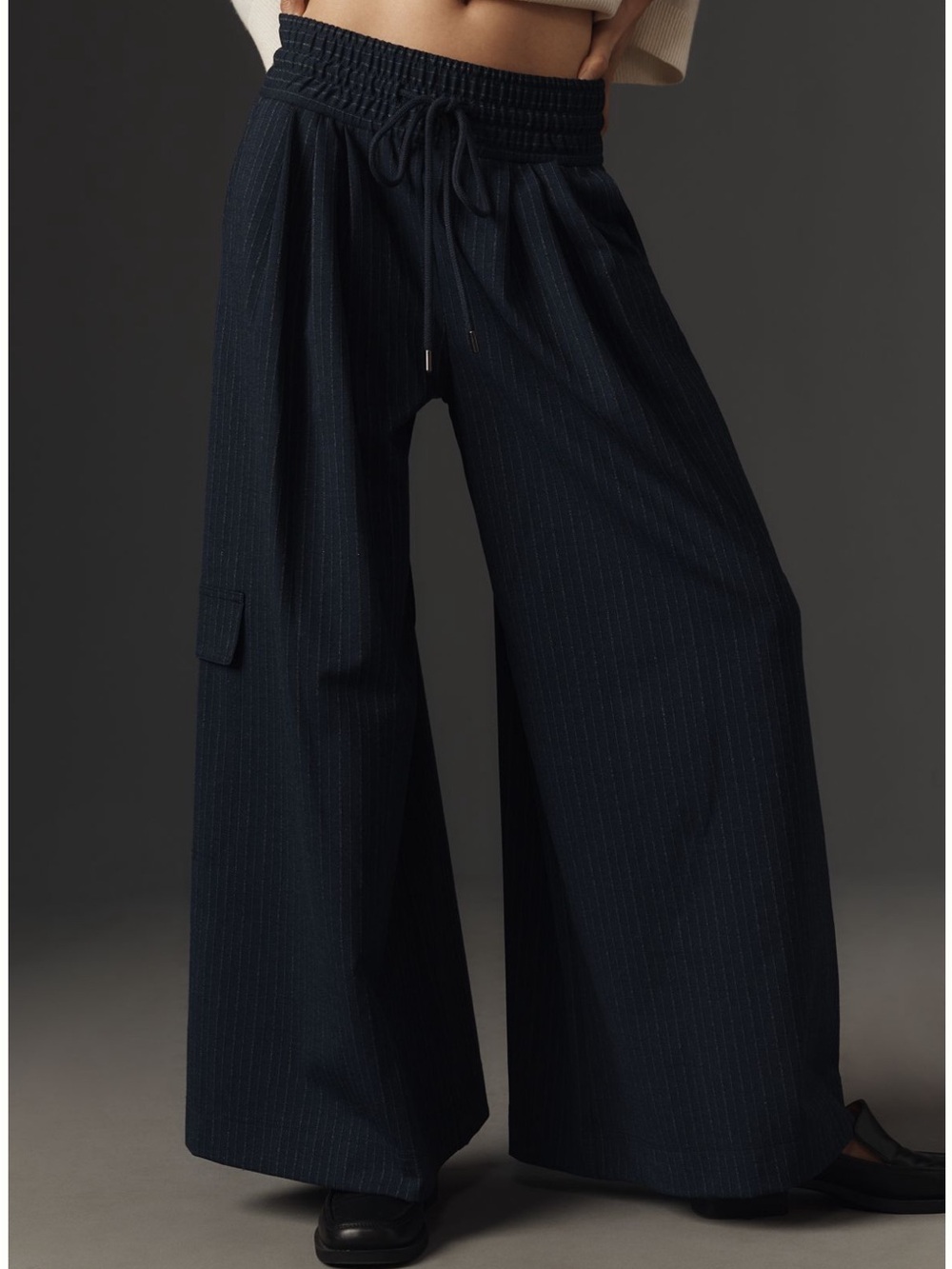 Maeve Wide-Leg Pinstripe Drawstring Pants in Navy - Picture 2 of 13